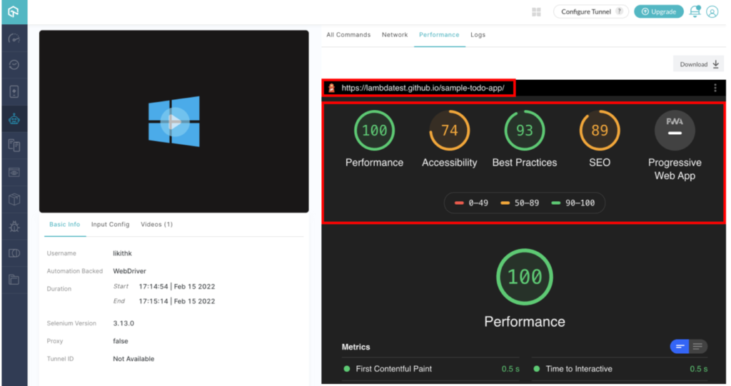 How to view Lighthouse Performance Metrics using Online Selenium Grid? 49