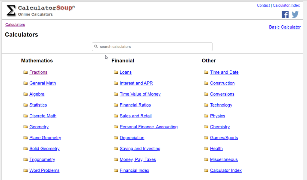 calculator soup website showing various free calculator options