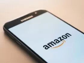 black Samsung Galaxy smartphone displaying Amazon logo